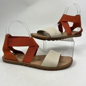Sorel Womens Flat Sandals Sz8 Orange Cream Suede Elastic Strappy Slides Ella II